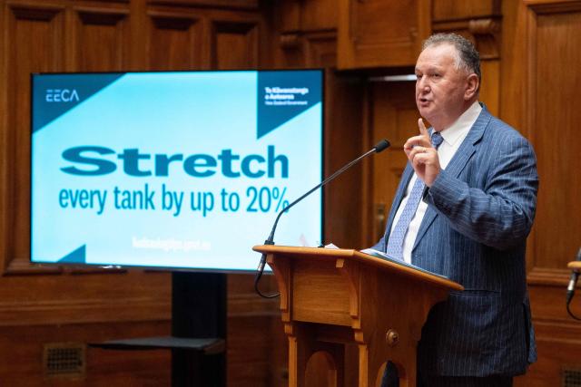 New Zealand Associate Minister for Energy Shane Jones speaks to the media about the new information campaign to reduce fuel use at the parliament in Wellington on March 27, 2026. A surge in oil prices since the start of the Middle East war has sent fuel costs spiralling and sparked fears of shortages around the world. (Photo by Marty MELVILLE / AFP)