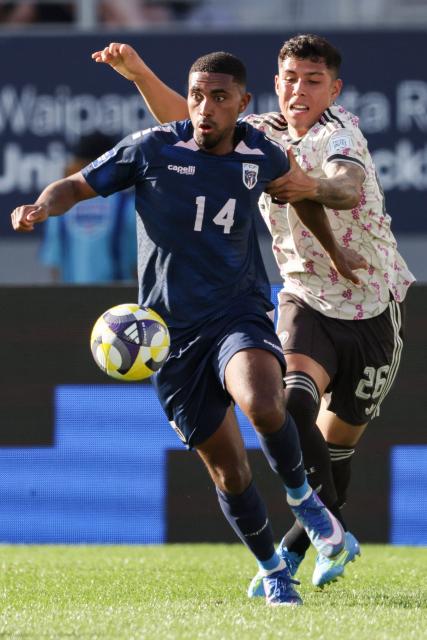 Deroy Duarte of Cape Verde (14) controls the ball during the international friendly football match between Chile and Cape Verde at Eden Park in Auckland on March 27, 2026. (Photo by Michael Bradley / AFP)