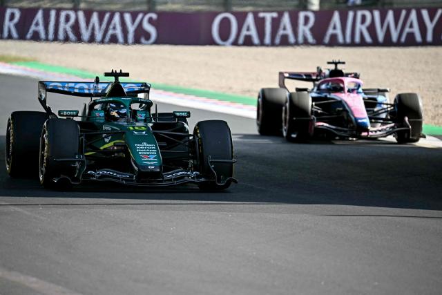 Aston Martin's Canadian driver Lance Stroll (L) and Alpine's French driver Pierre Gasly drive during the second practice session ahead of the Formula One Japanese Grand Prix at the Suzuka circuit in Suzuka, Mie prefecture on March 27, 2026. (Photo by Philip FONG / AFP)