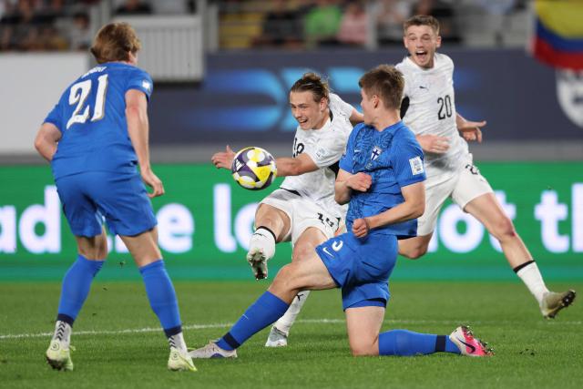 Ben Waine of New Zealand shoots at goal during the international friendly football match between New Zealand and Finland at Eden Park in Auckland on March 27, 2025. (Photo by Michael Bradley / AFP)