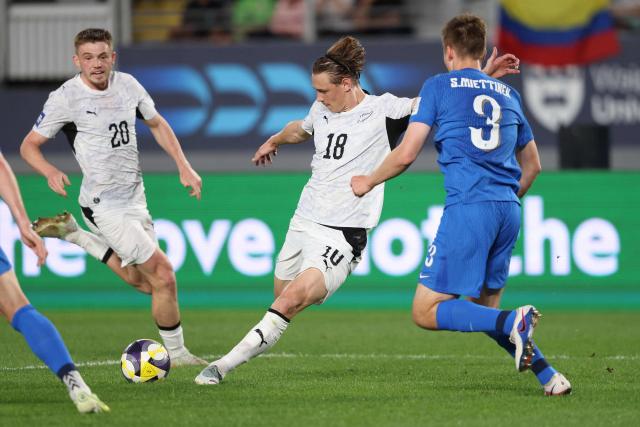 Ben Waine of New Zealand shoots at goal during the international friendly football match between New Zealand and Finland at Eden Park in Auckland on March 27, 2025. (Photo by Michael Bradley / AFP)