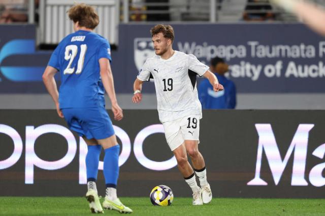 Ben Old of New Zealand looks to make a pass during the international friendly football match between New Zealand and Finland at Eden Park in Auckland on March 27, 2025. (Photo by Michael Bradley / AFP)