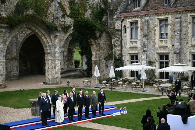 (FROM L) Ukraine's Foreign Minister Andriy Sybiga, EU High Representative and Vice-President for Foreign Affairs and Security Policy Kaja Kallas, Britain's Foreign Secretary Yvette Cooper, Saudi Arabia's Foreign Minister Faisal bin Farhan, Germany's Foreign Minister Johann Wadephul, Italy's Foreign Minister Antonio Tajani, Canada's Foreign Minister Anita Anand, France's Foreign Affairs Minister Jean-Noel Barrot, South Korea's Foreign Minister Cho Hyun, India’s Foreign Minister Subrahmanyam Jaishankar, Japan’s Foreign Minister Toshimitsu Motegi, Brazil’s Foreign Minister Mauro Vieira and US Secretary of State Marco Rubio pose for a family picture during a G7 Foreign Ministers' meeting with Partner Countries for talks at the Vaux-de-Cernay Abbey in Cernay-la-Ville outside Paris, on March 27, 2026. Foreign ministers from the G7 will take part part in a two-day meeting with European nations and allies seeking to narrow differences with the US on the Middle East war while keeping other crises like Ukraine and Gaza high on the agenda. (Photo by Brendan SMIALOWSKI / POOL / AFP)