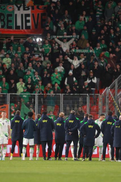 Ireland's team reacts after the FIFA World Cup 2026 European qualification semi final football match Czech Republic vs Ireland on March 26, 2026 in Prague. (Photo by MILAN KAMMERMAYER / AFP)