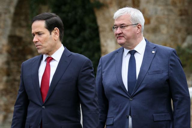 US Secretary of State Marco Rubio (L) and Ukraine's Foreign Minister Andriy Sybiga arrive for a G7 Foreign Ministers' meeting at the Vaux-de-Cernay Abbey in Cernay-la-Ville outside Paris, on March 27, 2026. Foreign ministers from the G7 will take part part in a two-day meeting with European nations and allies seeking to narrow differences with the US on the Middle East war while keeping other crises like Ukraine and Gaza high on the agenda. (Photo by Alain JOCARD / AFP)