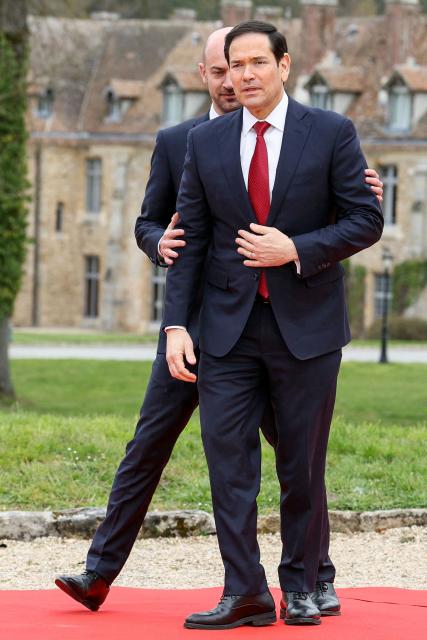 France's Foreign Affairs Minister Jean-Noel Barrot (L) welcomes US Secretary of State Marco Rubio during a G7 Foreign Ministers' meeting at the Vaux-de-Cernay Abbey in Cernay-la-Ville outside Paris, on March 27, 2026. Foreign ministers from the G7 will take part part in a two-day meeting with European nations and allies seeking to narrow differences with the US on the Middle East war while keeping other crises like Ukraine and Gaza high on the agenda. (Photo by Alain JOCARD / AFP)