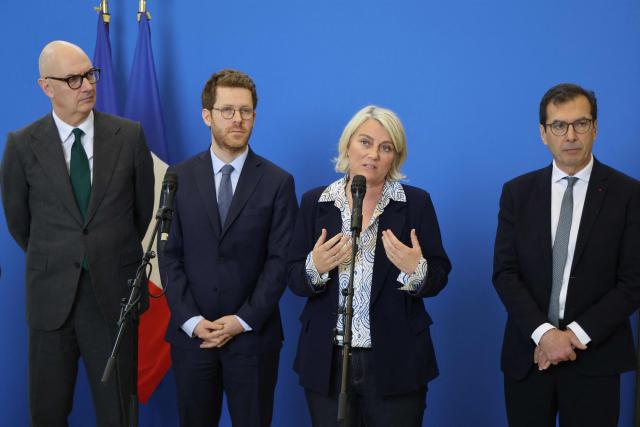 (From L) France's Economy and Finance Minister Roland Lescure, France’s junior Minister for civil service David Amiel, France's Health Minister Stephanie Rist and France's Labour Minister Jean-Pierre Farandou
give a press conference after a ministerial meeting focusing on public finances in Paris on March 27, 2026. (Photo by Ludovic MARIN / AFP)