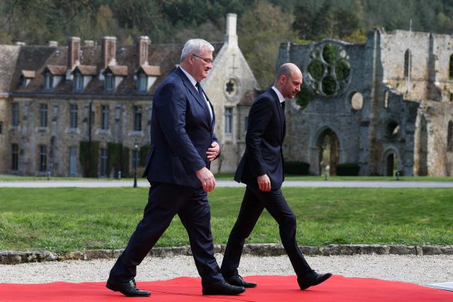 Ukraine’s Foreign Affairs Minister Andrii Sybiha is welcomed by France's Foreign Affairs Minister Jean-Noel Barrot during a G7 Foreign Ministers' meeting with Partner Countries at the Vaux-de-Cernay Abbey in Cernay-la-Ville outside Paris, on March 27, 2026. Foreign ministers from the G7 will take part part in a two-day meeting with European nations and allies seeking to narrow differences with the US on the Middle East war while keeping other crises like Ukraine and Gaza high on the agenda. (Photo by Alain JOCARD / AFP)