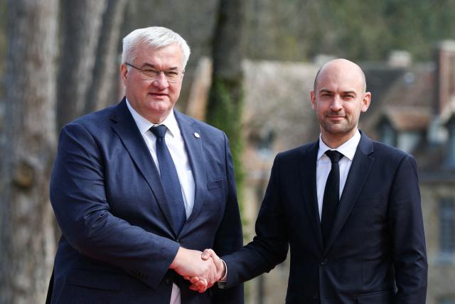 Ukraine’s Foreign Affairs Minister Andrii Sybiha (L) shakes hands with France's Foreign Affairs Minister Jean-Noel Barrot during a G7 Foreign Ministers' meeting with Partner Countries at the Vaux-de-Cernay Abbey in Cernay-la-Ville outside Paris, on March 27, 2026. Foreign ministers from the G7 will take part part in a two-day meeting with European nations and allies seeking to narrow differences with the US on the Middle East war while keeping other crises like Ukraine and Gaza high on the agenda. (Photo by Alain JOCARD / AFP)