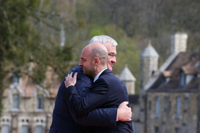 Ukraine’s Foreign Affairs Minister Andrii Sybiha (L) greets France's Foreign Affairs Minister Jean-Noel Barrot during a G7 Foreign Ministers' meeting with Partner Countries at the Vaux-de-Cernay Abbey in Cernay-la-Ville outside Paris, on March 27, 2026. Foreign ministers from the G7 will take part part in a two-day meeting with European nations and allies seeking to narrow differences with the US on the Middle East war while keeping other crises like Ukraine and Gaza high on the agenda. (Photo by Alain JOCARD / AFP)