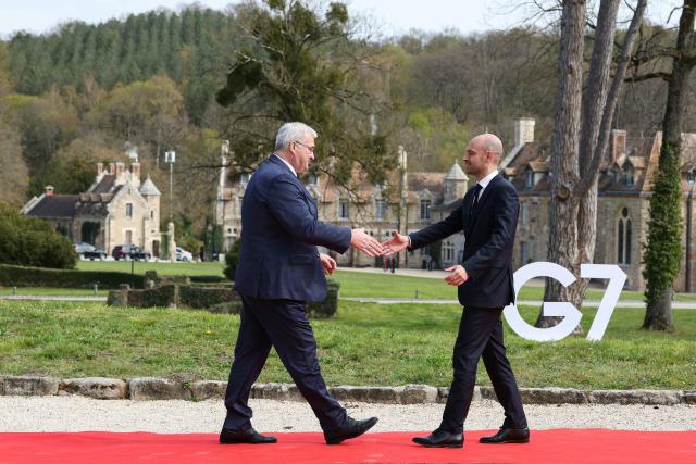 Ukraine’s Foreign Affairs Minister Andrii Sybiha (L) is welcomed by France's Foreign Affairs Minister Jean-Noel Barrot during a G7 Foreign Ministers' meeting with Partner Countries at the Vaux-de-Cernay Abbey in Cernay-la-Ville outside Paris, on March 27, 2026. Foreign ministers from the G7 will take part part in a two-day meeting with European nations and allies seeking to narrow differences with the US on the Middle East war while keeping other crises like Ukraine and Gaza high on the agenda. (Photo by Alain JOCARD / AFP)