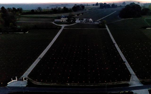 This aerial photograph shows anti-frost candles displayed in a vineyard to keep temperatures above zero degrees celsius and prevent vines from freezing, in Saint-Emilion, south-western France on March 27, 2026, as a cold wave hits the region. The announced frost episode during the night pushed winegrowers to take measures to protect their vines. (Photo by Christophe ARCHAMBAULT / AFP)