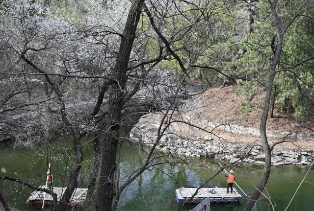 Workers use rafts on a river as people visit the Summer Palace or Yiheyuan as flowers bloom during the Spring season in Beijing on March 27, 2026. (Photo by ADEK BERRY / AFP)