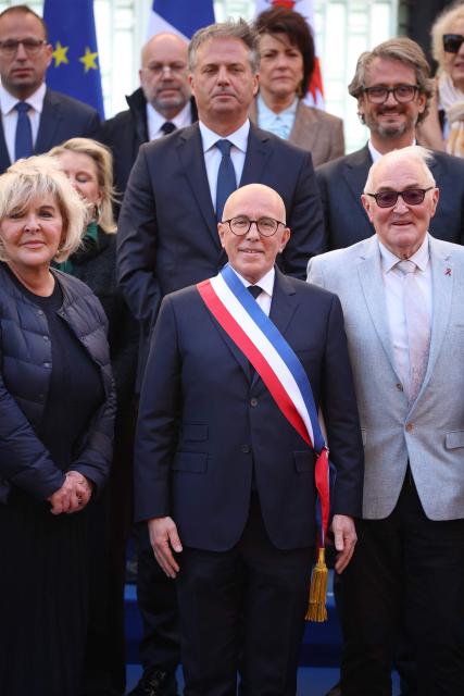 Union des droites pour la République (UDR) leader and newly elected Nice mayor Eric Ciotti (C) poses with his team for the official picture after the inaugural city council session in Nice on March 27, 2026. (Photo by Valery HACHE / AFP)