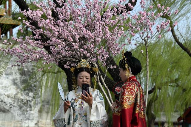 Women dressed in imperial outfits visit the Summer Palace or Yiheyuan as flowers bloom during the Spring season in Beijing on March 27, 2026. (Photo by ADEK BERRY / AFP)