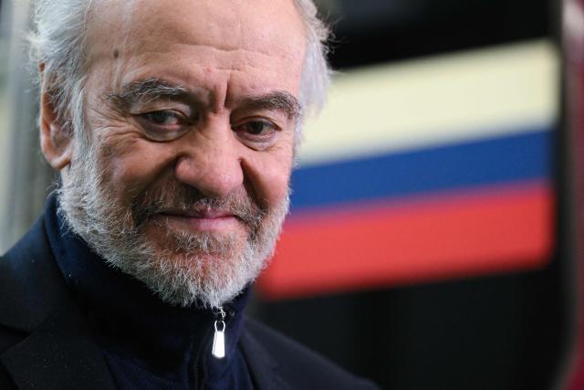 Mariinsky Theatre Artistic Director and Bolshoi Theatre General Director Valery Gergiev inspects a train ahead of its launch for the 250th anniversary of the Bolshoi Theater at the Aminyevskoye depot in Moscow on March 27, 2026. (Photo by Igor IVANKO / AFP)