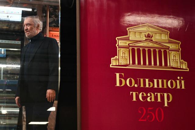 Mariinsky Theatre Artistic Director and Bolshoi Theatre General Director Valery Gergiev inspects a train ahead of its launch for the 250th anniversary of the Bolshoi Theater at the Aminyevskoye depot in Moscow on March 27, 2026. (Photo by Igor IVANKO / AFP)