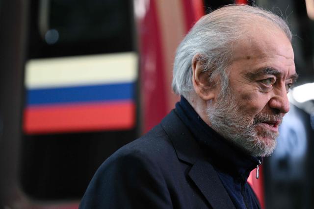 Mariinsky Theatre Artistic Director and Bolshoi Theatre General Director Valery Gergiev inspects a train ahead of its launch for the 250th anniversary of the Bolshoi Theater at the Aminyevskoye depot in Moscow on March 27, 2026. (Photo by Igor IVANKO / AFP)
