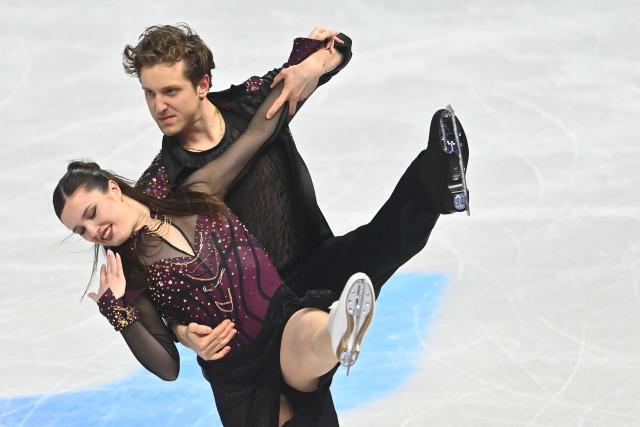 US's Christina Carreira and Anthony Ponomarenko perform during the Ice Dance rhythm dance skating program of the 2026 ISU Figure Skating World Championships in Prague on March 27, 2026. (Photo by Michal Cizek / AFP)