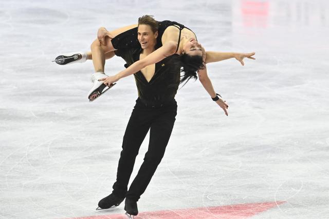 Lithuania's Allison Reed and Saulius Ambrulevicius perform during the Ice Dance rhythm dance skating program of the 2026 ISU Figure Skating World Championships in Prague on March 27, 2026. (Photo by Michal Cizek / AFP)
