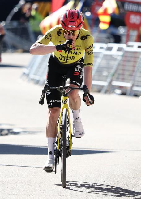 Team Visma-Lease a bike's Danish rider Jonas Vingegaard celebrates winning the fifth stage of the 2026 Volta a Catalunya cycling tour of Catalonia, a 155,5 km race between La Seu d'Urgell and La Molina ski resort in Alp, on March 27, 2026. (Photo by Josep LAGO / AFP)