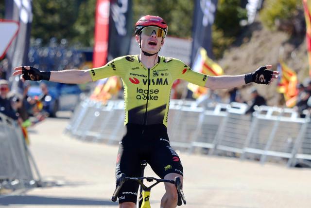 Team Visma-Lease a bike's Danish rider Jonas Vingegaard celebrates winning the fifth stage of the 2026 Volta a Catalunya cycling tour of Catalonia, a 155,5 km race between La Seu d'Urgell and La Molina ski resort in Alp, on March 27, 2026. (Photo by Josep LAGO / AFP)