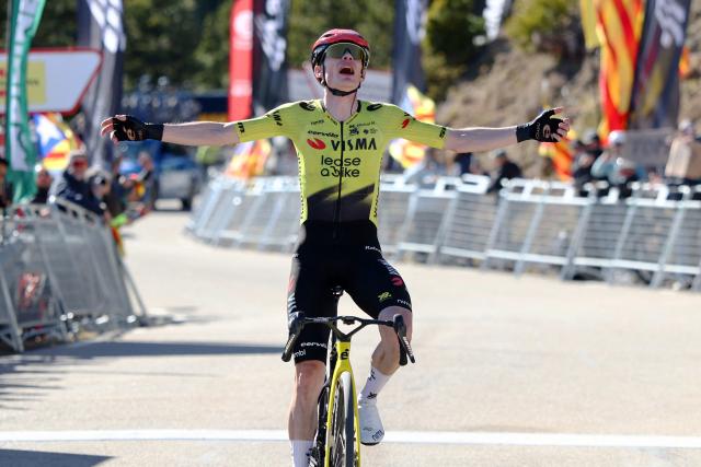 Team Visma-Lease a bike's Danish rider Jonas Vingegaard celebrates winning the fifth stage of the 2026 Volta a Catalunya cycling tour of Catalonia, a 155,5 km race between La Seu d'Urgell and La Molina ski resort in Alp, on March 27, 2026. (Photo by Josep LAGO / AFP)