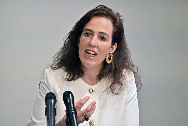 Joana de Deus Pereira, member of the United Nations working group against the use of mercenaries, speaksduring a press conference to present a report in Bogota on March 27, 2026. (Photo by Daniel MUNOZ / AFP)