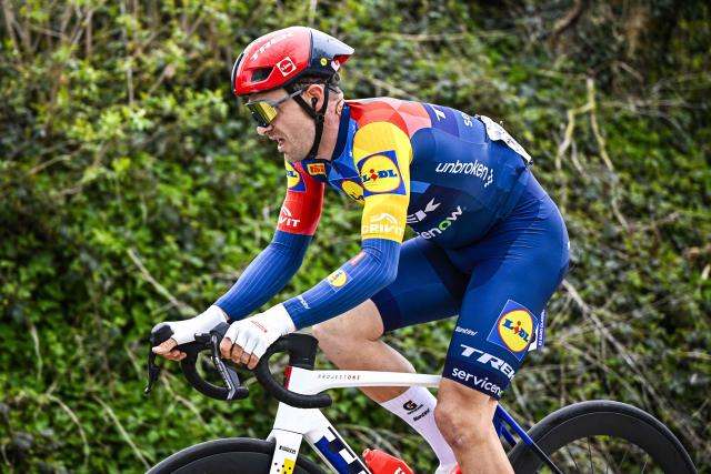 Lidl-Trek Team's Belgian rider Edward Theuns competes during the 'E3 Classic', one day cycling race 208.8 km from and to Harelbeke, on March 27, 2026. (Photo by JASPER JACOBS / Belga / AFP) / Belgium OUT