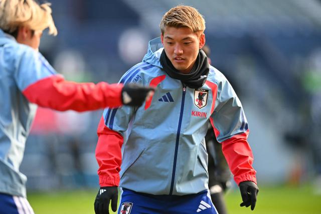 Japan's Wataro Endo takes part in a team training session at Hampden Park, in Glasgow, on March 27, 2026, on the eve of their international friendly football match against Scotland. (Photo by ANDY BUCHANAN / AFP)