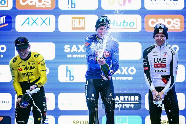 Second-placed Team Visma-Lease a Bike's Norwegian rider Per Strand Hagenes (C-L), winner Alpecin-Premier Tech's Dutch rider Mathieu van der Poel (C) and third-placed UAE Team Emirates-XRG's Belgian rider Florian Vermeersch (C-R) celebrates on the podium after the 'E3 Classic', one-day cycling race, 208.8 km from and to Harelbeke, on March 27, 2026. (Photo by JASPER JACOBS / Belga / AFP) / Belgium OUT