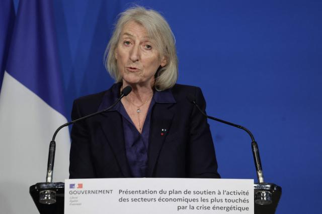 France’s junior Minister in charge of the sea and fisheries Catherine Chabaud delivers a speech during a presentation of a support plan for the activity of the economic sectors most affected by the energy crisis at the Bercy finance ministry in Paris on March 27, 2026. (Photo by Ludovic MARIN / AFP)