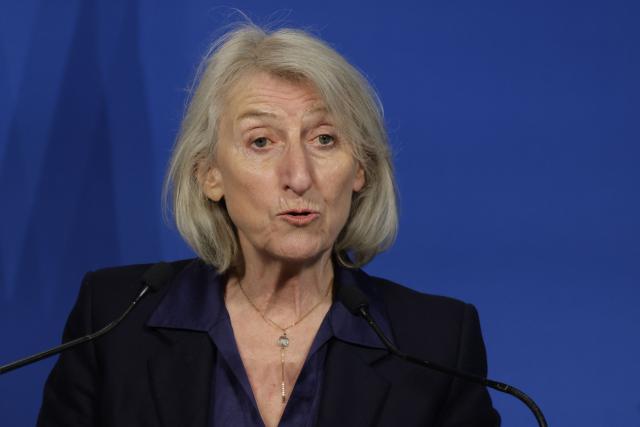 France’s junior Minister in charge of the sea and fisheries Catherine Chabaud delivers a speech during a presentation of a support plan for the activity of the economic sectors most affected by the energy crisis at the Bercy finance ministry in Paris on March 27, 2026. (Photo by Ludovic MARIN / AFP)