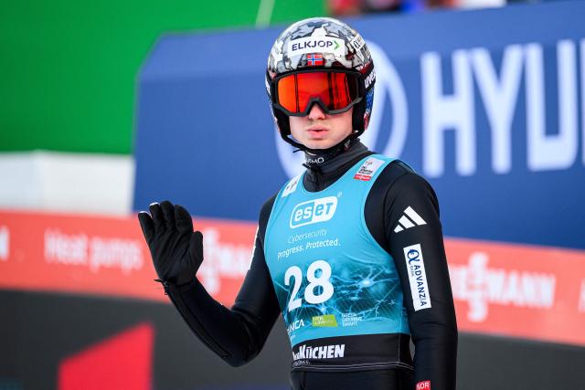 Norway’s Marius Lindvik reacts during the second round of the Men Individual Flying Hill competition of the FIS Ski Jumping World Cup in Planica, Slovenia on March 27, 2026. (Photo by Jure Makovec / AFP)