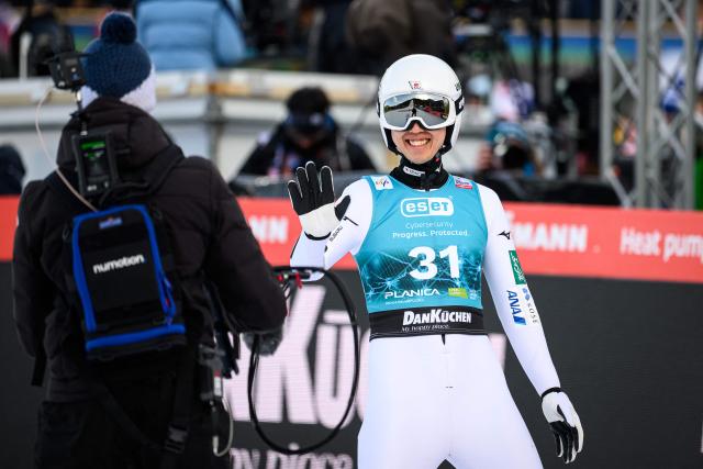 Japan’s Naoki Nakamura reacts during the second round of the Men Individual Flying Hill competition of the FIS Ski Jumping World Cup in Planica, Slovenia on March 27, 2026. (Photo by Jure Makovec / AFP)