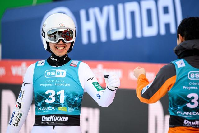 Japan’s Naoki Nakamura reacts during the second round of the Men Individual Flying Hill competition of the FIS Ski Jumping World Cup in Planica, Slovenia on March 27, 2026. (Photo by Jure Makovec / AFP)