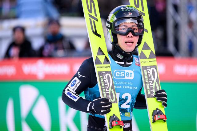 Japan’s Ren Nikaido reacts during the second round of the Men Individual Flying Hill competition of the FIS Ski Jumping World Cup in Planica, Slovenia on March 27, 2026. (Photo by Jure Makovec / AFP)