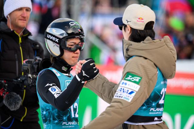 Japan’s Ren Nikaido reacts during the second round of the Men Individual Flying Hill competition of the FIS Ski Jumping World Cup in Planica, Slovenia on March 27, 2026. (Photo by Jure Makovec / AFP)