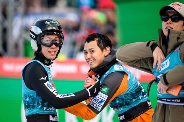 Japan’s Ren Nikaido reacts during the second round of the Men Individual Flying Hill competition of the FIS Ski Jumping World Cup in Planica, Slovenia on March 27, 2026. (Photo by Jure Makovec / AFP)