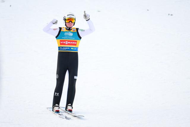 Slovenia’s Domen Prevc reacts during the second round of the Men Individual Flying Hill competition of the FIS Ski Jumping World Cup in Planica, Slovenia on March 27, 2026. (Photo by Jure Makovec / AFP)