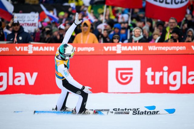 Slovenia’s Domen Prevc reacts during the second round of the Men Individual Flying Hill competition of the FIS Ski Jumping World Cup in Planica, Slovenia on March 27, 2026. (Photo by Jure Makovec / AFP)