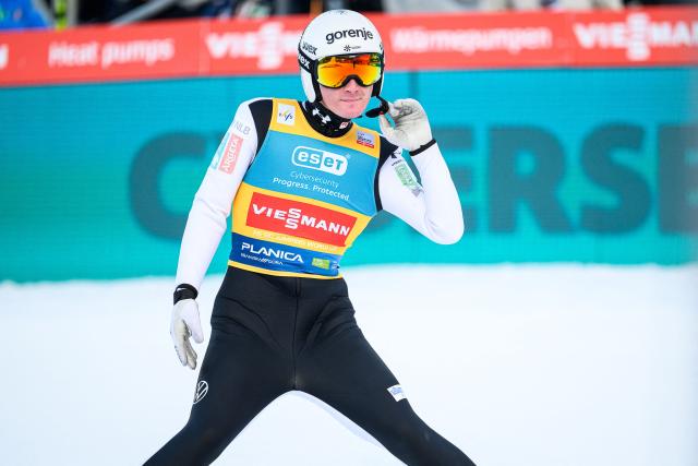 Slovenia’s Domen Prevc reacts during the second round of the Men Individual Flying Hill competition of the FIS Ski Jumping World Cup in Planica, Slovenia on March 27, 2026. (Photo by Jure Makovec / AFP)