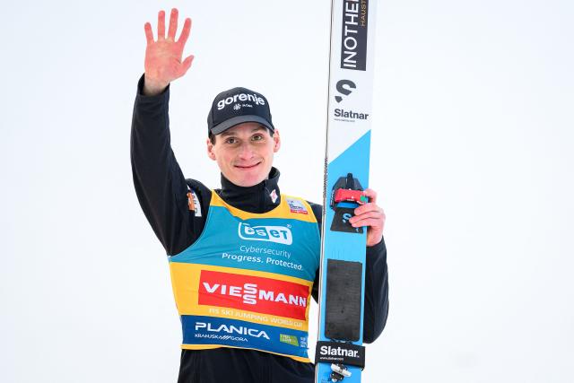 Slovenia’s Domen Prevc reacts after winning the Men Individual Flying Hill competition of the FIS Ski Jumping World Cup in Planica, Slovenia on March 27, 2026. (Photo by Jure Makovec / AFP)