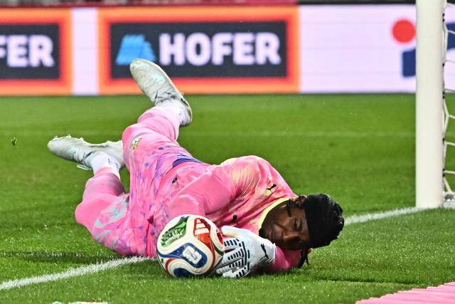 Ghana's goalkeeper #01 Lawrence Ati-Zigi saves the ball during the friendly match Austria vs Ghana in Vienna, Austria, on March 27, 2026. (Photo by Joe Klamar / AFP)