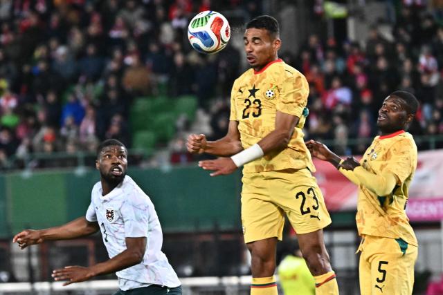 Ghana's defender #23 Alexander Djiku (C), Ghana's midfielder #05 Thomas Partey (R) and Austria's defender #03 Kevin Danso vie for the ball during the friendly match Austria vs Ghana in Vienna, Austria, on March 27, 2026. (Photo by Joe Klamar / AFP)