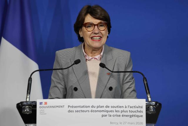 France's Agriculture Minister Annie Genevard delivers a speech during a presentation of a support plan for the activity of the economic sectors most affected by the energy crisis at the Bercy finance ministry in Paris on March 27, 2026. (Photo by Ludovic MARIN / AFP)
