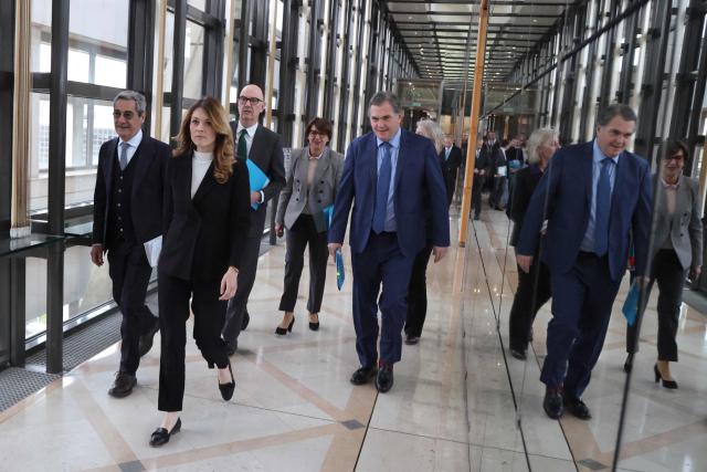 France's Trade Minister Serge Papin (L), France's Government Spokesperson and junior Minister for Energy and Digital economy Maud Bregeon, France's Economy, Finances and Industry Minister Roland Lescure, France's Agriculture Minister Annie Genevard and France's Transports Minister Philippe Tabarot arrive for a presentation of a support plan for the activity of the economic sectors most affected by the energy crisis at the Bercy finance ministry in Paris on March 27, 2026. (Photo by Ludovic MARIN / AFP)