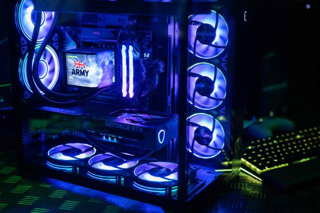 A customised gaming PC on a promotional stand run by the British Army at the DreamHack 2026 gaming convention at the NEC in Birmingham, central England on March 27, 2026. (Photo by Oli SCARFF / AFP)