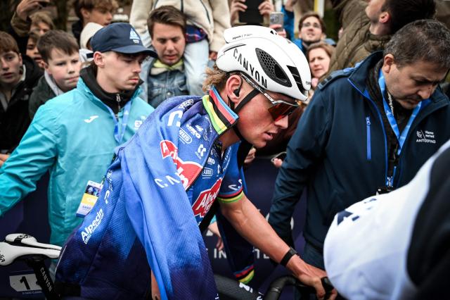 Alpecin-Premier Tech's Dutch rider Mathieu van der Poel reacts after winning the 'E3 Classic', one day cycling race, 208.8 km from and to Harelbeke, on March 27, 2026. (Photo by ELIAS ROM / Belga / AFP) / Belgium OUT