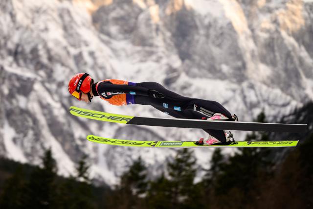 Germany's Katharina Schmid competes during the trial round of the Women Individual Flying Hill competition of the FIS Ski Jumping World Cup in Planica, Slovenia on March 27, 2026. (Photo by Jure Makovec / AFP)